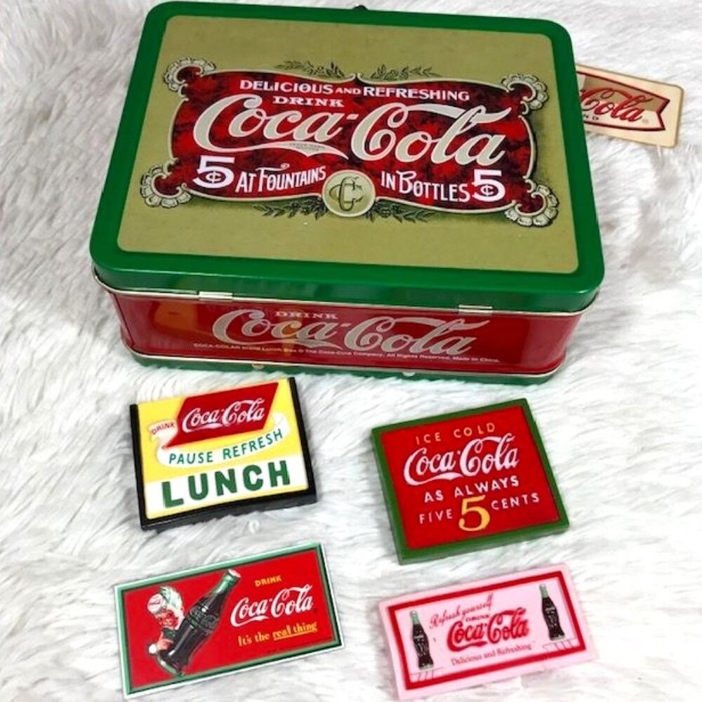 Set of 5 Vintage Coca-Cola Metal Lunchbox + Rubber/Stoneware Magnets